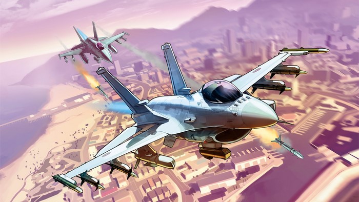 Fighters firing missiles over a city and beach