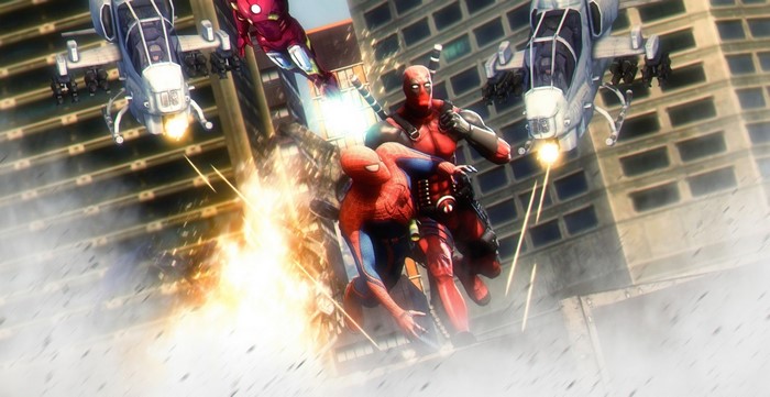 Spider-Man, Deadpool, and Iron Man in battle with helicopters