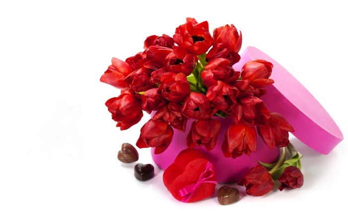 Red Tulips in a Pink Heart Box with Chocolates