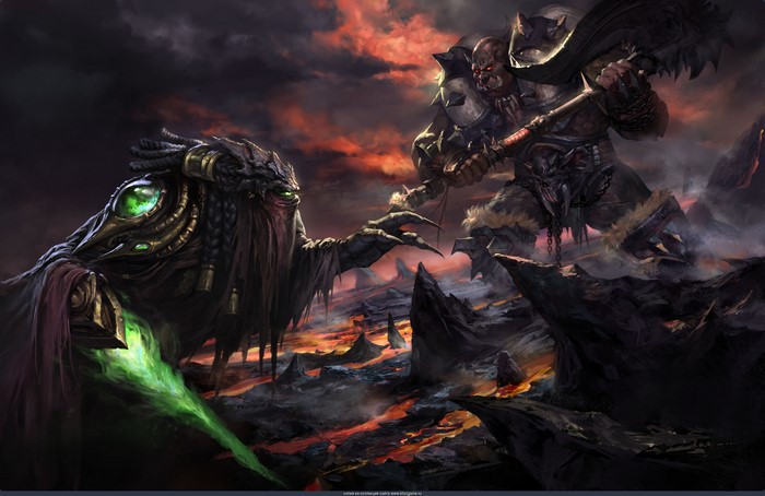 Zeratul and Orc from World of Warcraft in battle