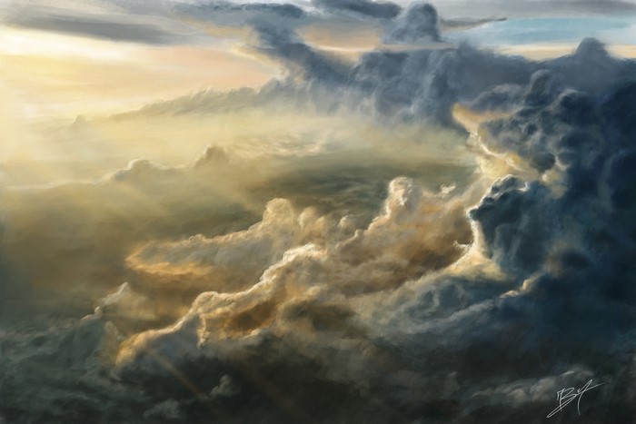 Painting of dramatic clouds with sunbeams