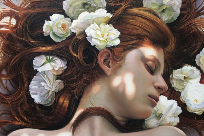 Christiane Vleugels painting of a sleeping woman with flowers