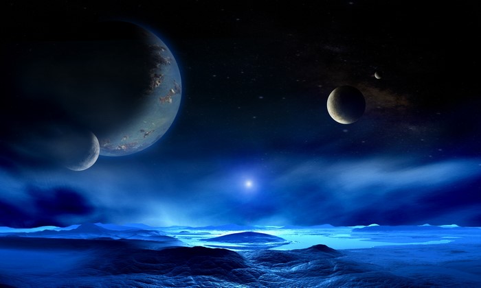 4K Blue Alien Planet Surface with Multiple Moons