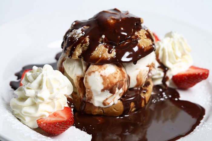 Chocolate Profiterole with Ice Cream and Strawberries