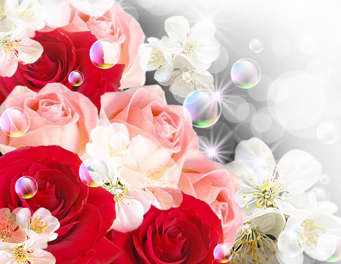 4K Roses and White Flowers with Bubbles
