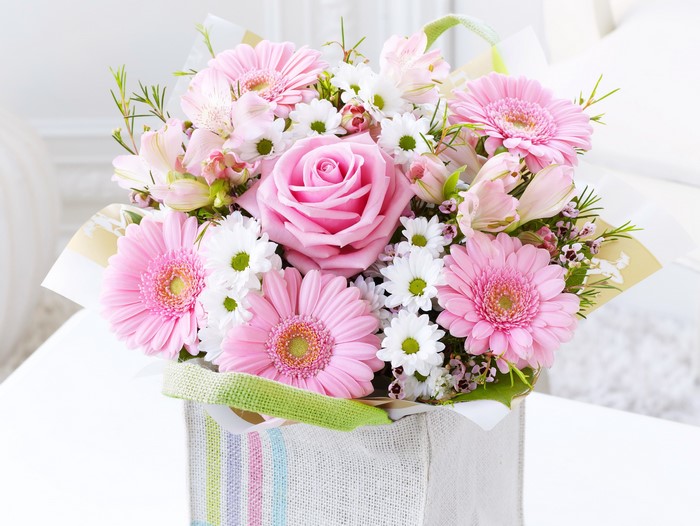 Pink Rose and Gerbera Flower Bouquet in a Basket