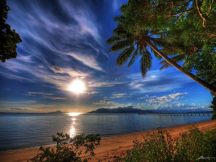 Sunset over Cardwell, Australia with palm trees and a pier
