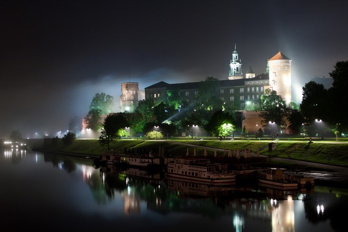 Wawel Castle and Vistula River at Night, Krakow, Poland