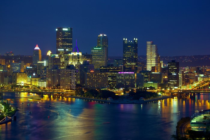 Pittsburgh skyline at night with rivers and bridges