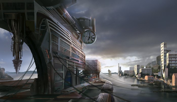 Futuristic industrial port with a city skyline