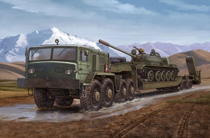 MAZ-537 military truck transporting a tank