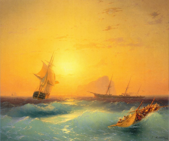 Ships in a storm off the Rock of Gibraltar