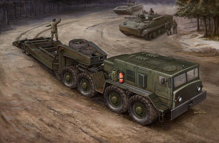 MAZ-537 heavy transport truck with BMP-3s
