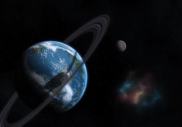 Ringed Planet with Moon and Nebula