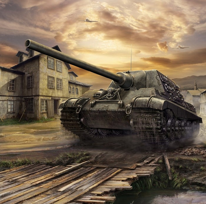 Jagdtiger tank in a village with planes overhead