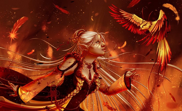Elf woman and phoenix with feathers