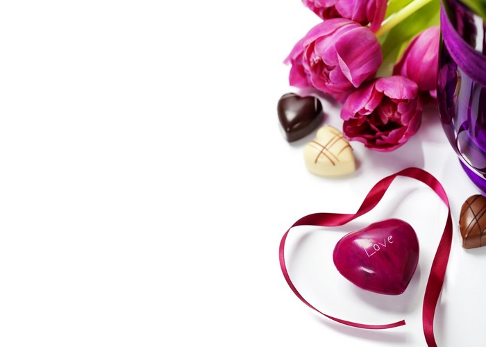 Valentine's Day Tulips and Heart Chocolates with Ribbon