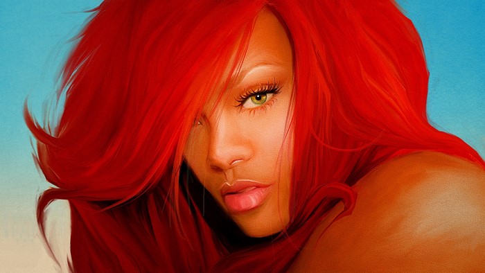 Rihanna with red hair, painting by John Aslarona