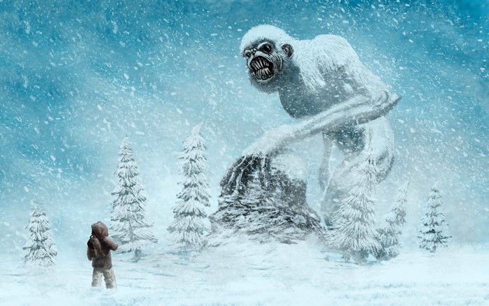 A giant Yeti confronts a lone person in a snowy landscape