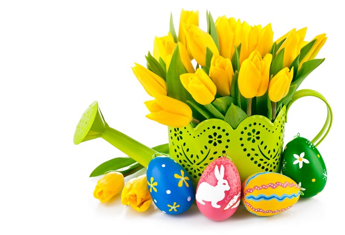 Easter Tulips and Decorated Eggs with Watering Can
