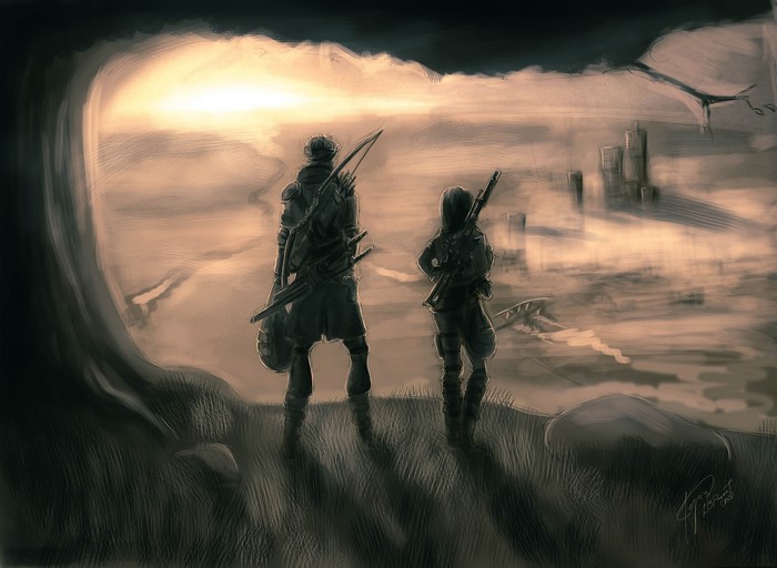 Two warriors with bows and swords look at a ruined city
