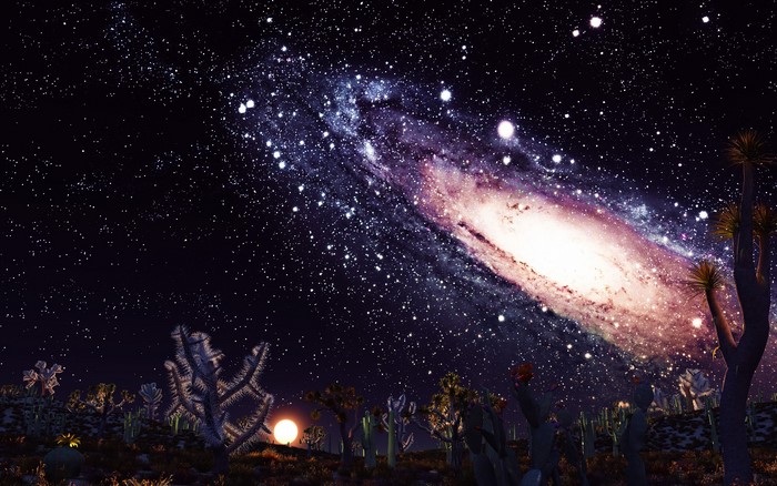 Desert landscape under a starry sky with a galaxy