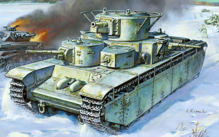 Painting of Soviet T-35 Heavy Tanks in Winter Combat