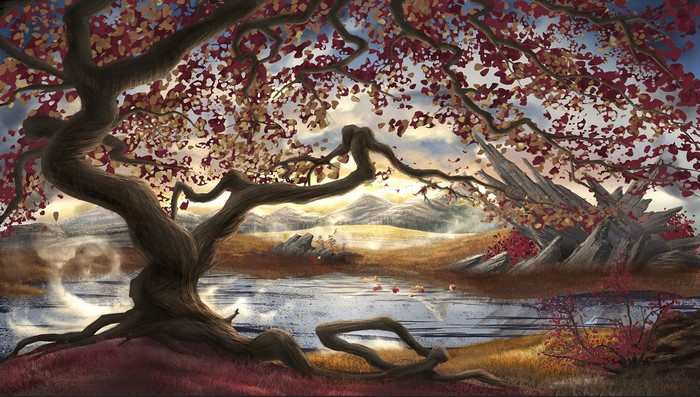 Painting of a gnarled tree with red leaves by a lake