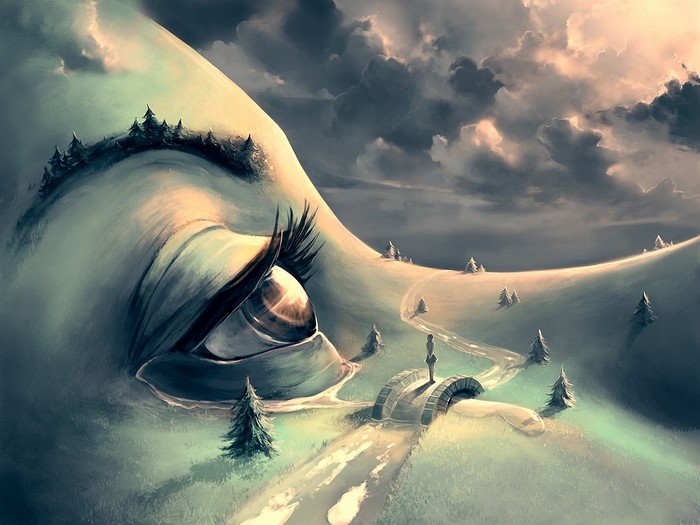 Surreal landscape with a giant eye and a lone figure