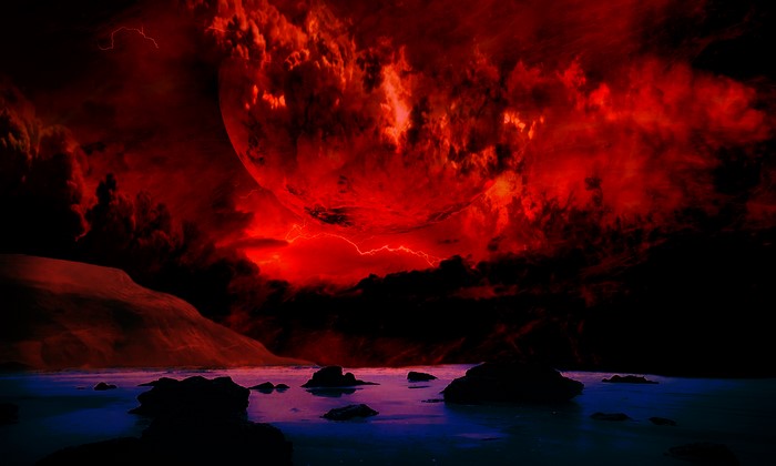 Alien planet surface with red sky and lightning