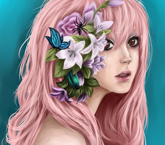 Painting Art of a Girl with Flowers and Insects