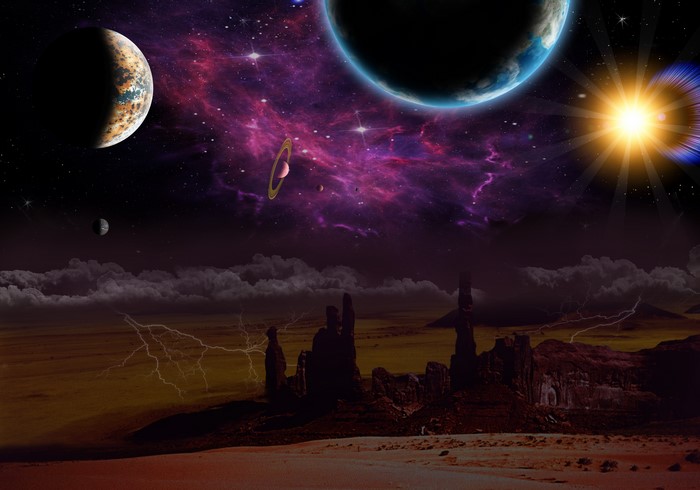 Planets and nebulae in outer space above alien landscape