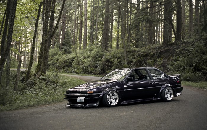 Black Toyota Corolla AE86 in a forest
