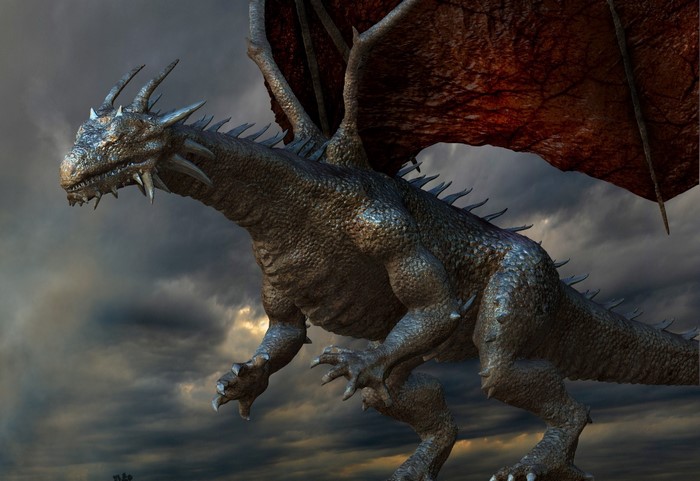 A fearsome dragon with large wings in a cloudy sky