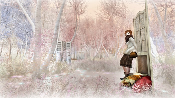 Person by an open door in a surreal forest