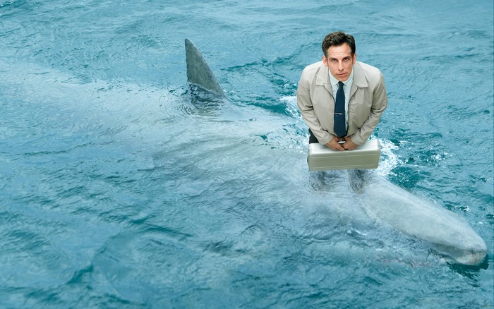 Walter Mitty on a shark in the ocean