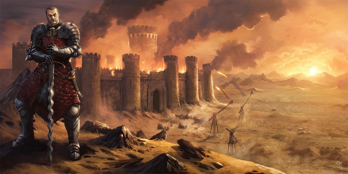 Knight in armor overlooking a burning castle during a siege