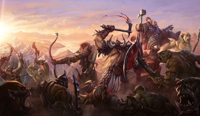 Orcs battle Elves and Dwarves at sunrise
