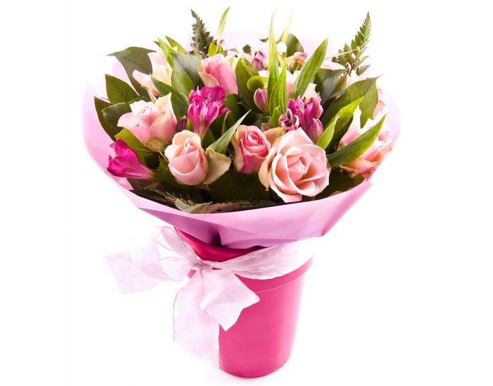 Pink and cream rose bouquet with pink wrapping and bow