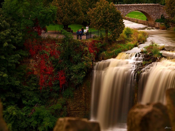 Waterfall and stone bridge in Dundas, Ontario, Canada