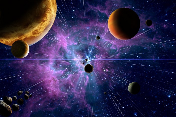 Planets and stars in a colorful nebula
