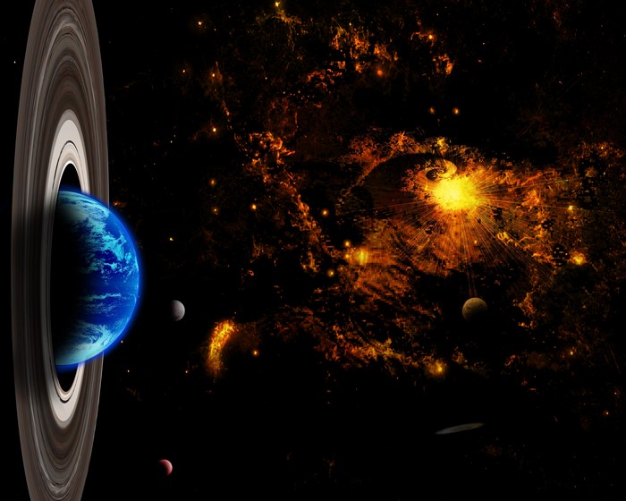Planet with Rings in Nebula