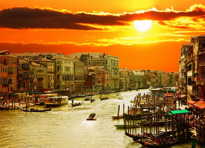 Venice Canal at Sunset with Gondolas and Buildings