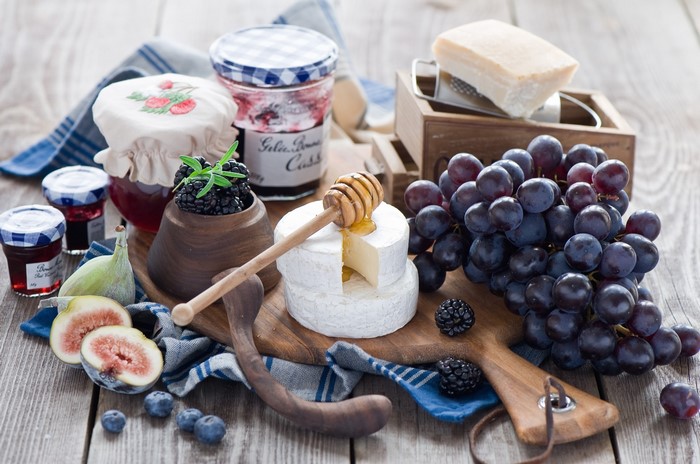 Cheese, Grapes, Jam, and Berries Still Life