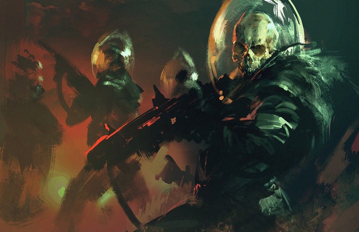 Skull-headed warriors with rifles in a dark setting