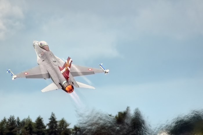 F-16 Fighting Falcon taking off with Danish flag