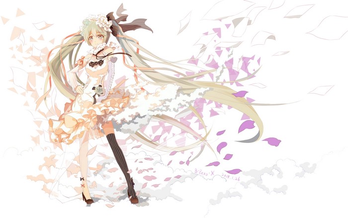 Hatsune Miku from Vocaloid in a white dress with petals