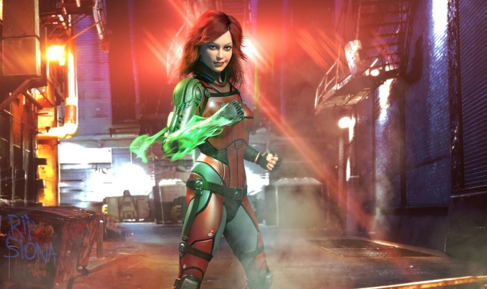 Redhead woman with green energy in an alley