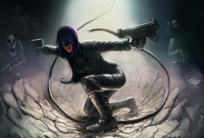 Motoko Kusanagi from Ghost in the Shell in battle