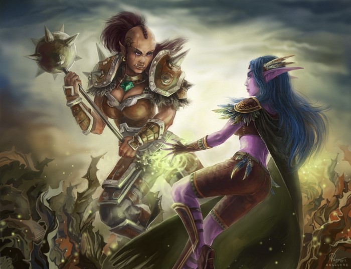 Orc warrior and elf mage fighting in World of Warcraft